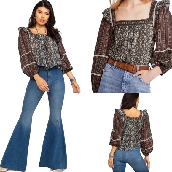 Free People Mostly Meadow Boho Hippie Puff Sleeve Semi Sheer Lace & Fringe Top - Picture 1 of 16